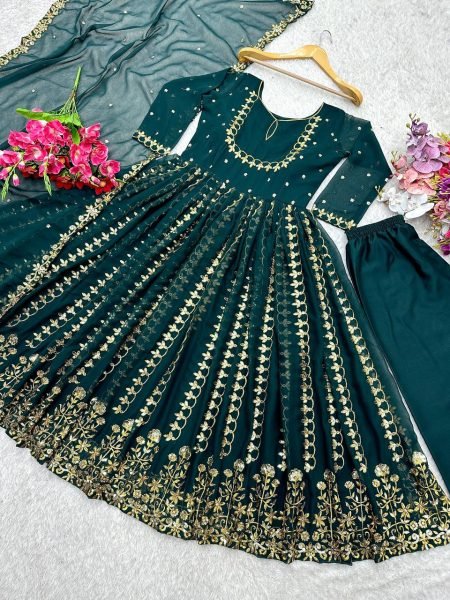Traditional Function Wear Heavy Fox Georgatte Dark Green Anarkali Gown With Dupatta Ready To Wear Collection