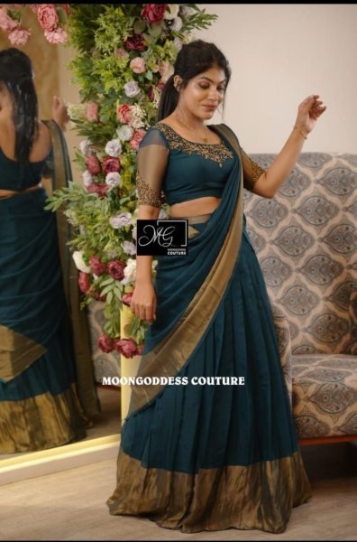 Traditional Half Saree Lehenga With  Chiffon Jari Patta Embroidery & Sequins Work Half Saree Lehenga