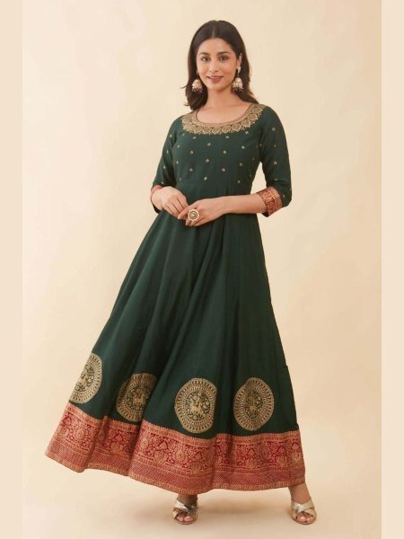 Traditional Joy Silk Embroidered Foil Print Gown Perfect for Garba Nights Printed Kurtis