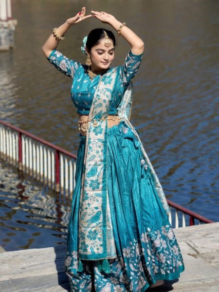 Traditional Manipuri Silk Lehenga Choli with Digital Print & Latkan Dupatta Half Saree Lehenga