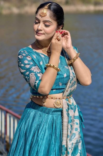Traditional Manipuri Silk Lehenga Choli with Digital Print & Latkan Dupatta Half Saree Lehenga