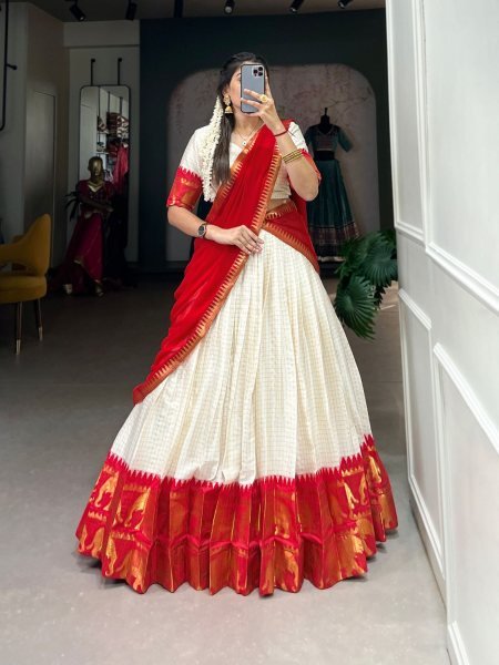  Traditional Poly Cotton Lehenga Set with Zari Weaving   Georgette Dupatta 