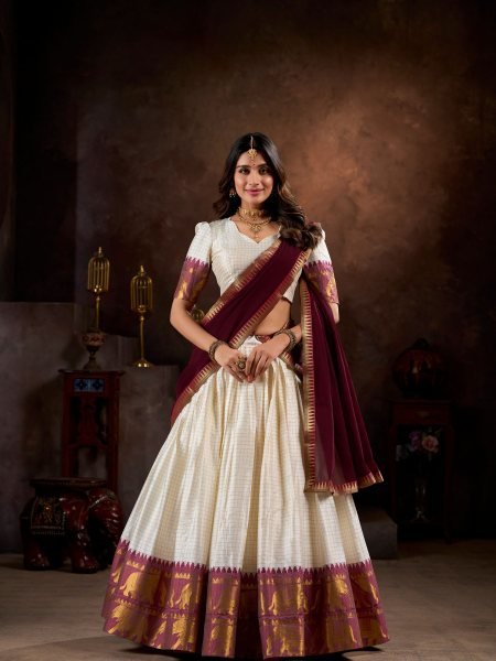  Traditional Poly Cotton Lehenga Set with Zari Weaving   Georgette Dupatta 