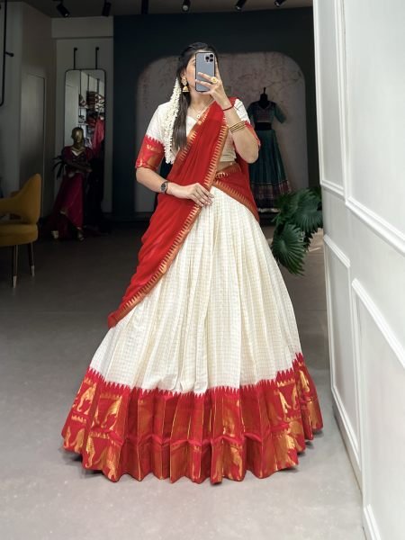  Traditional Poly Cotton Lehenga Set with Zari Weaving   Georgette Dupatta Half Saree Lehenga
