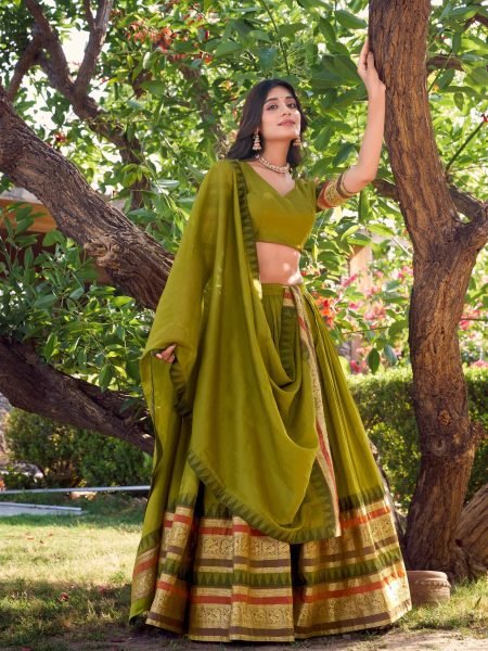 Traditional Mehendi Green Pure Chanderi Lehenga Choli Set Classic Zari Border South Festive Look at Best Price Half Saree Lehenga