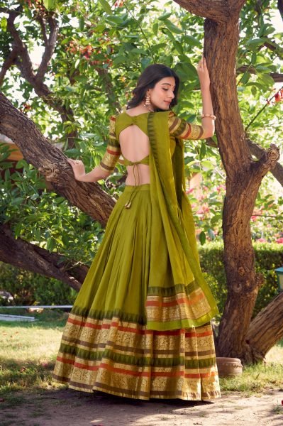 Traditional Mehendi Green Pure Chanderi Lehenga Choli Set Classic Zari Border South Festive Look at Best Price Half Saree Lehenga
