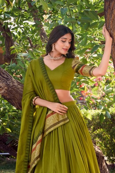 Traditional Mehendi Green Pure Chanderi Lehenga Choli Set Classic Zari Border South Festive Look at Best Price Half Saree Lehenga