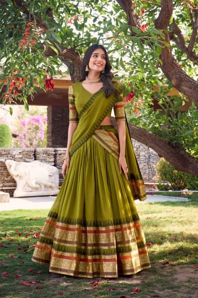 Traditional Mehendi Green Pure Chanderi Lehenga Choli Set Classic Zari Border South Festive Look at Best Price Half Saree Lehenga