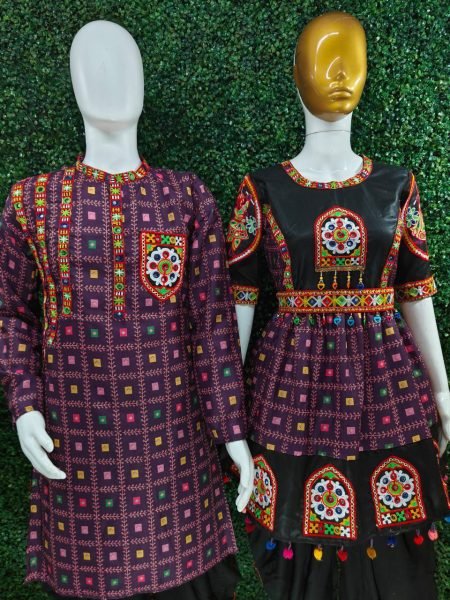 Traditional Purple Mirror Work Navratri Couple Dress Kediya Kurta Dhoti Garba Set Couple Combo collection 