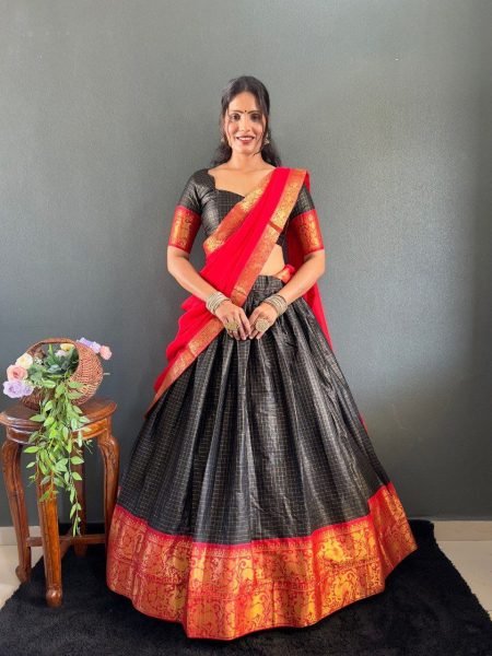 Traditional South Indian Look Cotton Lehenga Choli with Heavy Border & Fancy Dupatta Set Wedding Set Half Saree Lehenga