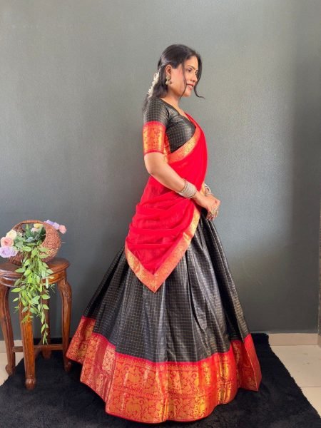 Traditional South Indian Look Cotton Lehenga Choli with Heavy Border & Fancy Dupatta Set Wedding Set Half Saree Lehenga