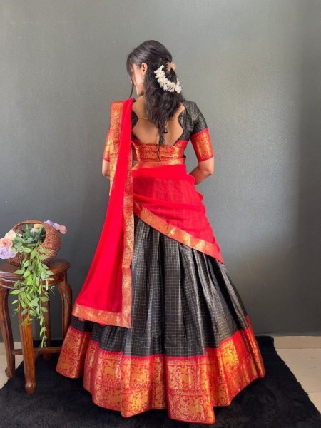 Traditional South Indian Look Cotton Lehenga Choli with Heavy Border & Fancy Dupatta Set Wedding Set Half Saree Lehenga