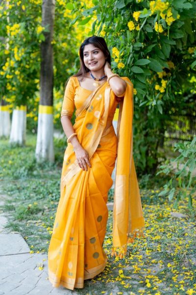 Traditional Wear Linen Silk Saree With Weaving Border Silk Sarees Wholesale