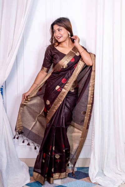 Traditional Wear Linen Silk Saree With Weaving Border Silk Sarees Wholesale