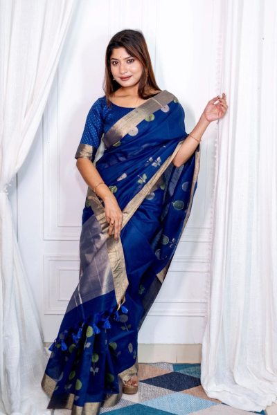 Traditional Wear Linen Silk Saree With Weaving Border Silk Sarees Wholesale