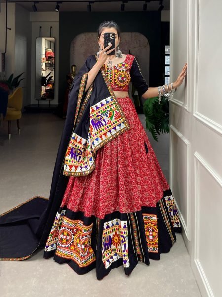 Traditonal Red Gamthi Work Cotton Navratri Wear Lehenga Choli Navratri Lehnega Choli