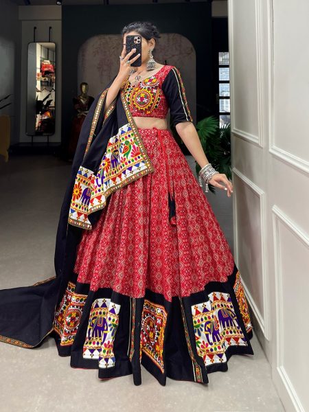 Traditonal Red Gamthi Work Cotton Navratri Wear Lehenga Choli Navratri Lehnega Choli