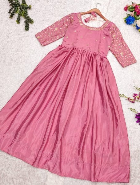 Tranding Collection Chinnon Silk Long Gown Pink Biggest Wholesale Cloth Stylish  Anarkali Kurtis 