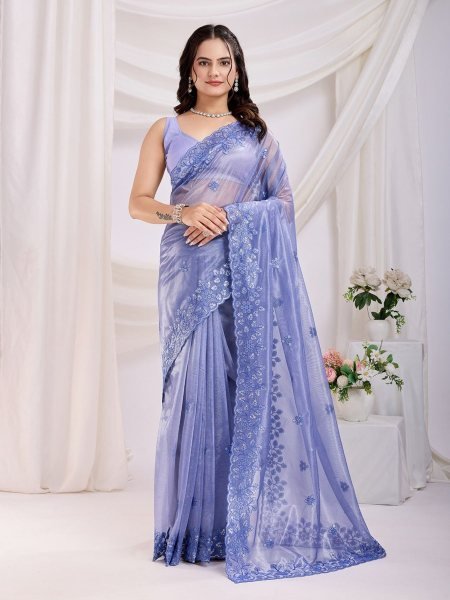 Tranding Embroidery Gold Twill Net Saree With Embroidery Blouse Piece For Party Wedding Festival 