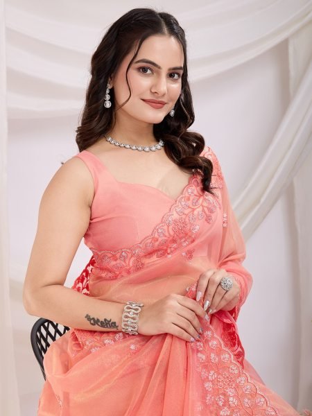 Tranding Embroidery Gold Twill Net Cutwork Designer Light Orange Saree   Embroidery Sarees Wholesale