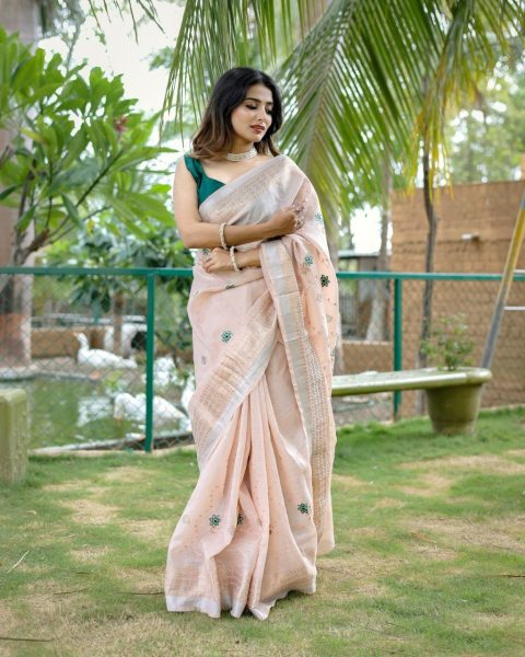 Tranding Original Linen Cotton With Zari   Embroidery All Over Saree Cotton Sarees Wholesale