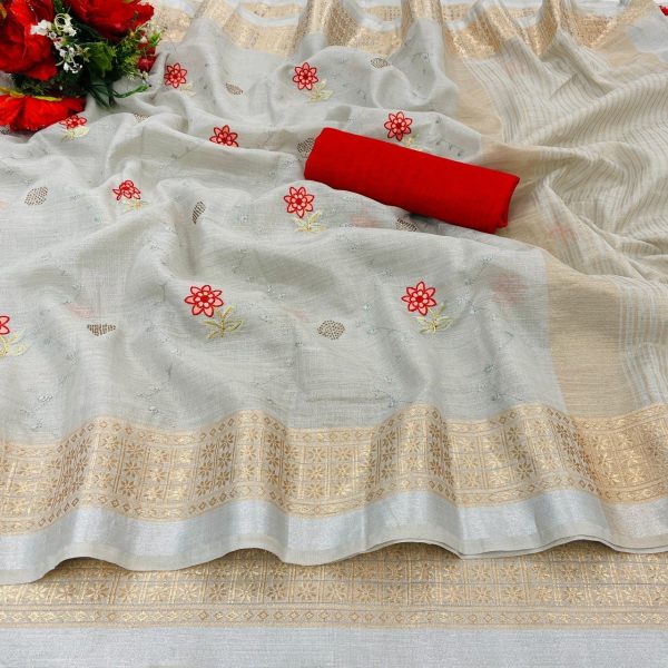 Tranding Original Linen Cotton With Zari   Embroidery All Over Saree Cotton Sarees Wholesale