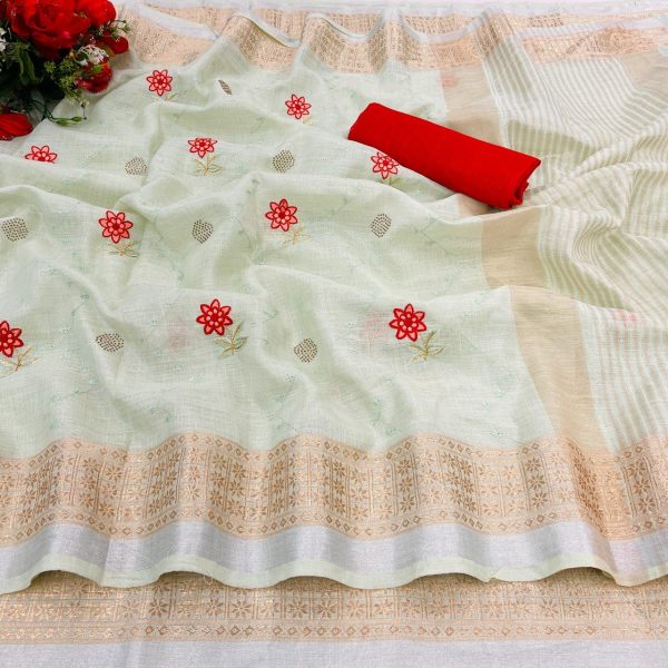 Tranding Original Linen Cotton With Zari   Embroidery All Over Saree Cotton Sarees Wholesale