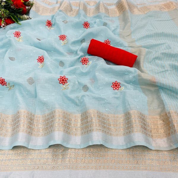 Tranding Original Linen Cotton With Zari   Embroidery All Over Saree Cotton Sarees Wholesale