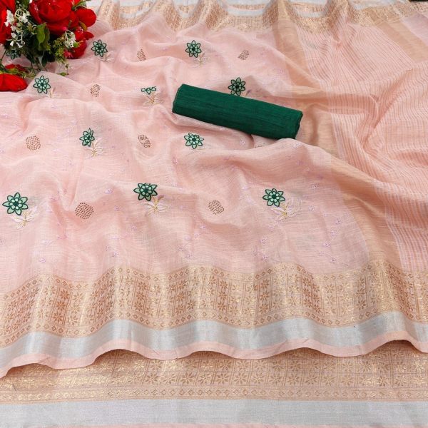 Tranding Original Linen Cotton With Zari   Embroidery All Over Saree Cotton Sarees Wholesale