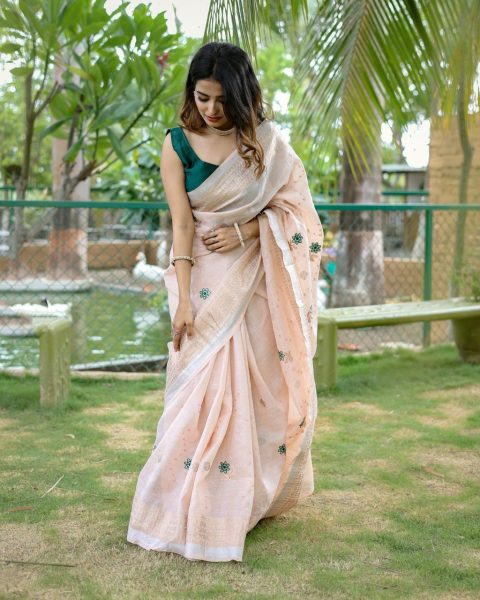 Tranding Original Linen Cotton With Zari   Embroidery All Over Saree Cotton Sarees Wholesale