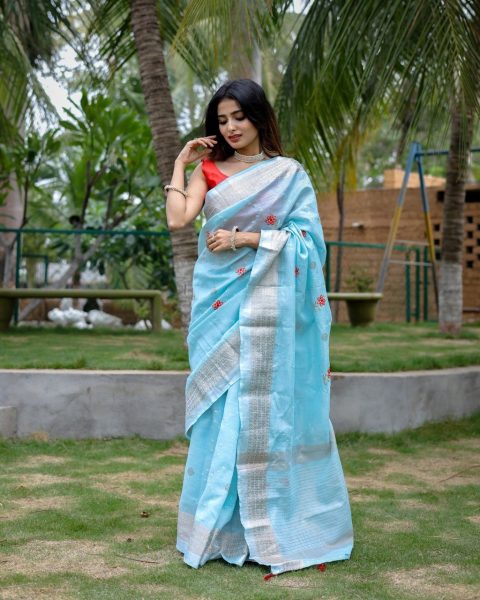 Tranding Original Linen Cotton With Zari   Embroidery All Over Saree Cotton Sarees Wholesale