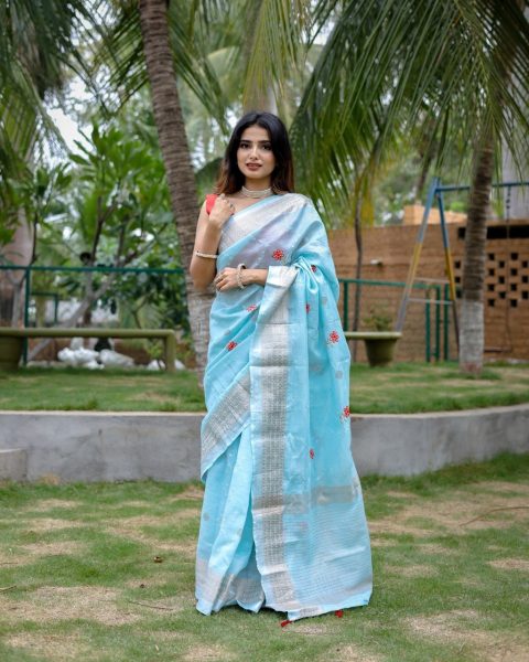 Tranding Original Linen Cotton With Zari   Embroidery All Over Saree Cotton Sarees Wholesale