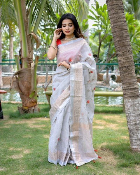 Tranding Original Linen Cotton With Zari   Embroidery All Over Saree Cotton Sarees Wholesale