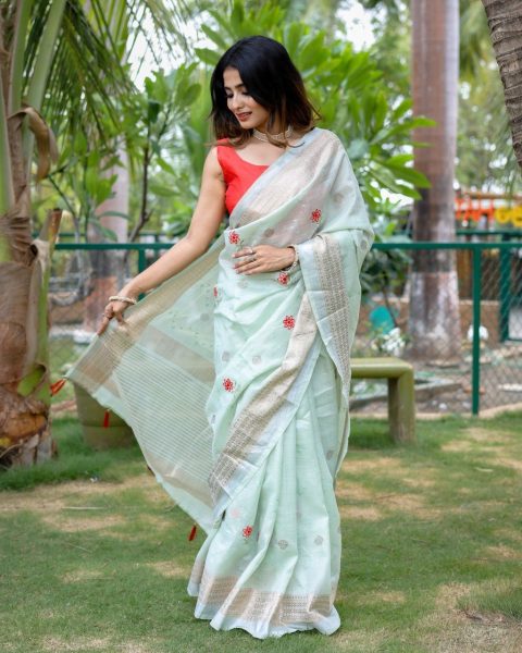 Tranding Original Linen Cotton With Zari   Embroidery All Over Saree Cotton Sarees Wholesale