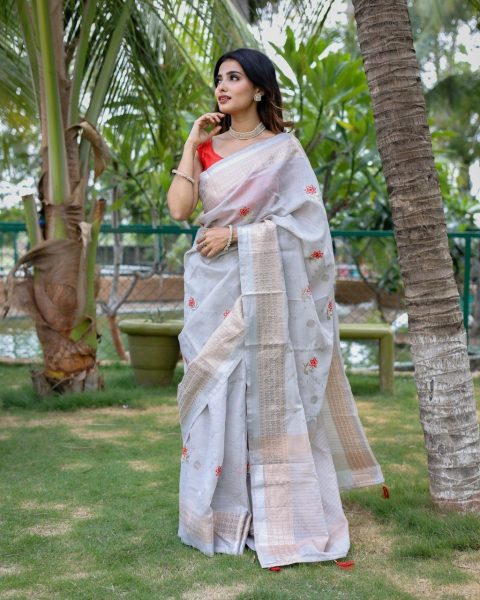 Tranding Original Linen Cotton With Zari   Embroidery All Over Saree Cotton Sarees Wholesale