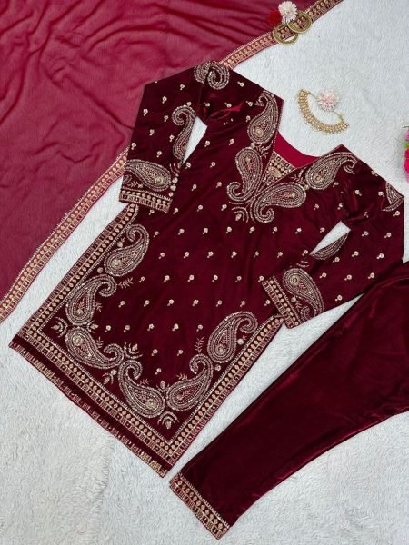Tranding Viscose Velvet Thread And Sequence Work Suits Set  Ready To Wear Collection