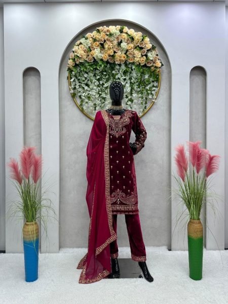 Tranding Viscose Velvet Thread And Sequence Work Suits Set  Ready To Wear Collection