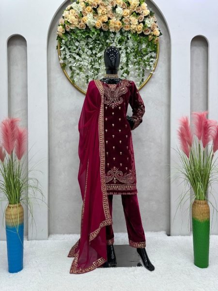 Tranding Viscose Velvet Thread And Sequence Work Suits Set  Ready To Wear Collection