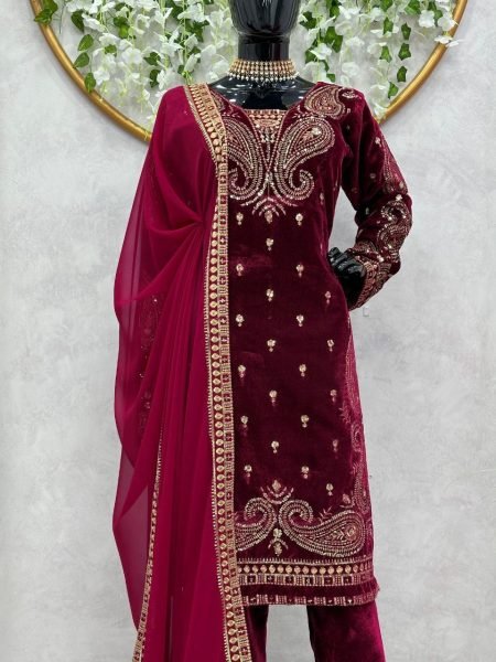 Tranding Viscose Velvet Thread And Sequence Work Suits Set  Ready To Wear Collection