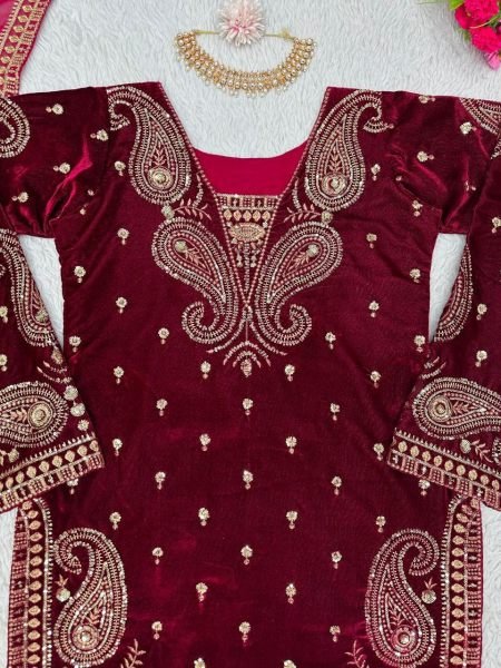 Tranding Viscose Velvet Thread And Sequence Work Suits Set  Ready To Wear Collection