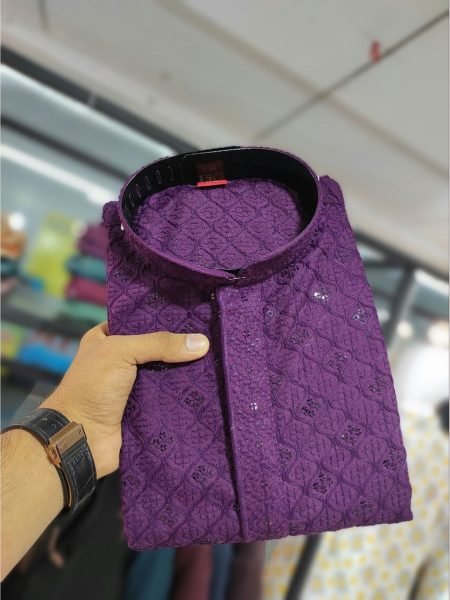 Tranditional Look Blue Color  Chikan Embroidery Work Mens Kurta Pajama  Kurta Pajama Wholesale