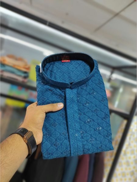 Tranditional Look Blue Color  Chikan Embroidery Work Mens Kurta Pajama  Kurta Pajama Wholesale