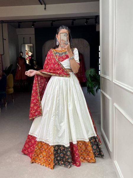 Trandy White Color Pure Cotton Lehenga Choli Navratri Lehnega Choli