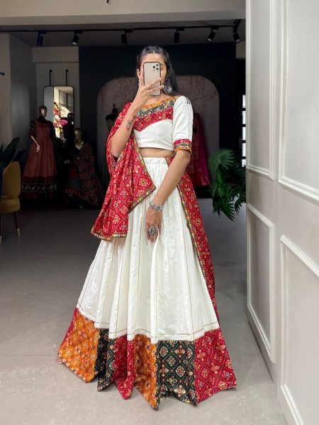 Trandy White Color Pure Cotton Lehenga Choli Navratri Lehnega Choli