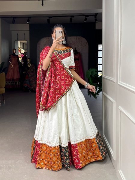 Trandy White Color Pure Cotton Lehenga Choli Navratri Lehnega Choli