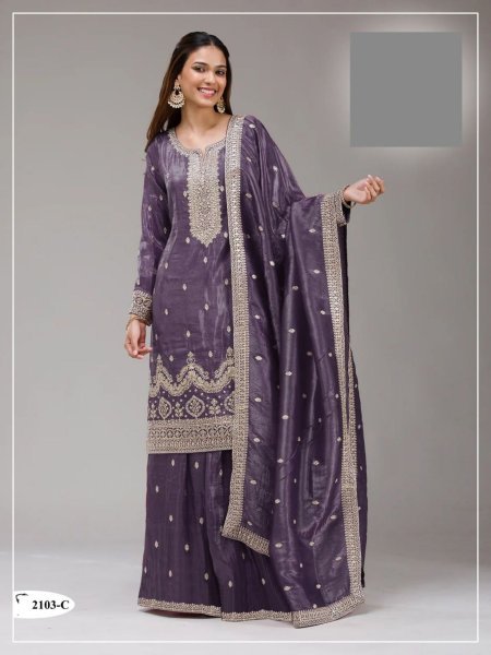 Treasured Lavender Gold Crush Embroidered Top Bottom with Dupatta Set for Festive Wear 