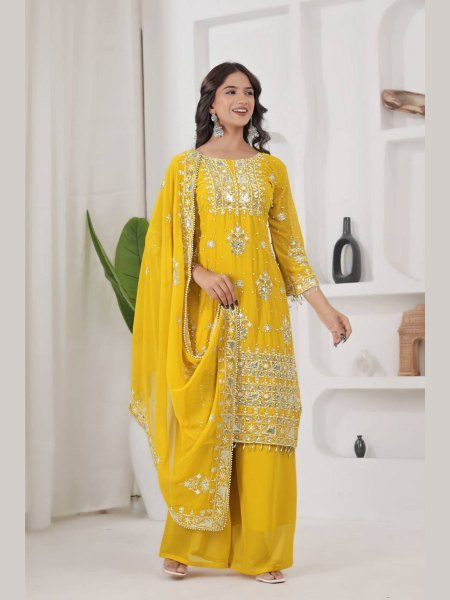 Treasured Lemon Yellow Kurti Plazzo Set with Embroidery Sequence Work for Party Wear Salwar Kameez
