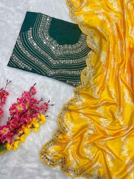 Trending Designer Vichitra Print Saree With Embroidery   Real Mirror Work Designer Wedding Sarees Wholesale