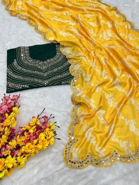 Trending Designer Vichitra Print Saree With Embroidery   Real Mirror Work Designer Wedding Sarees Wholesale