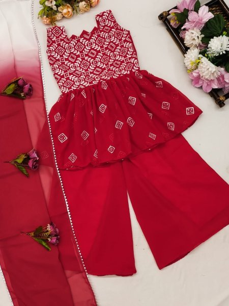 Trending  Embroidered with Beautiful Cut-Work  Stitched  Top - Palazzo with Dupatta For Baby Girl  Girls Wear